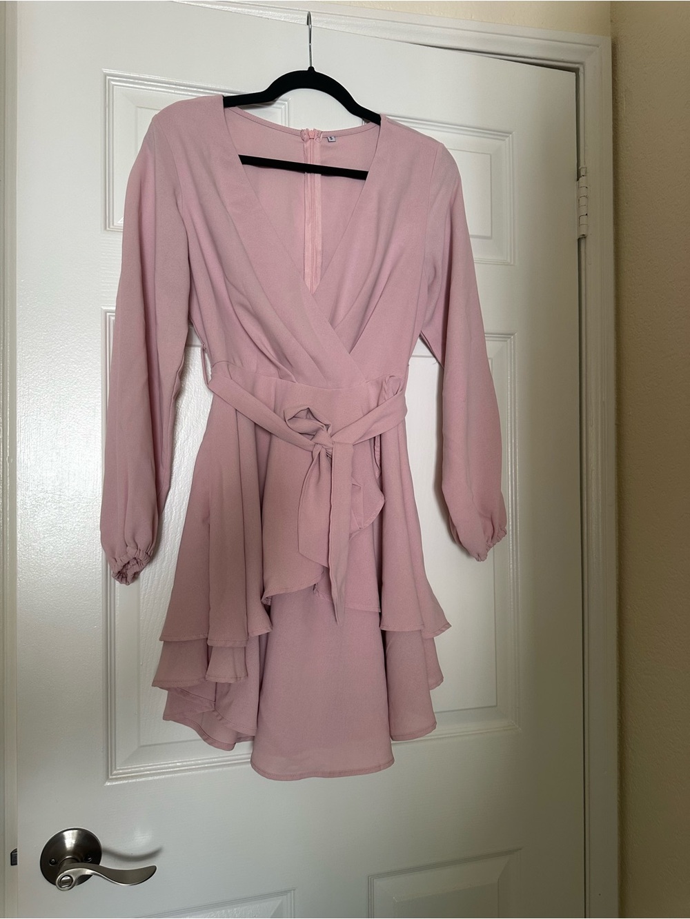 Amazon Blush Pink Long-Sleeve Wrap Dress with Tiered Skirt